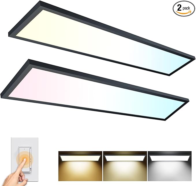 AIKVSXER 1x4 LED Flat Panel Light CPANL Surface Mount LED Ceiling Light Black, 5500LM 50W TRIAC 10-100% Dimmable, 3000/4000/5000k Selectable 120V LED Light Fixture for Kitchen/Laundry/Garage 2PACK
