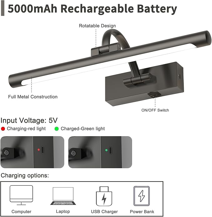 Battery Operated Picture Lights for Wall, Wireless Painting Lights Dimmable Artwork Lighting with Remote and Timer, Rechargeable Art Lights for Paintings-Brushed Grey 16'' inch Warm White
