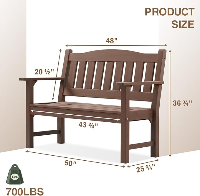 Psilvam 2-Person Outdoor Memorial Bench, All-Weather Poly Lumber Garden Bench, Rot-Resistant Outdoor Patio Bench for Park,Porch,and Church(Brown)