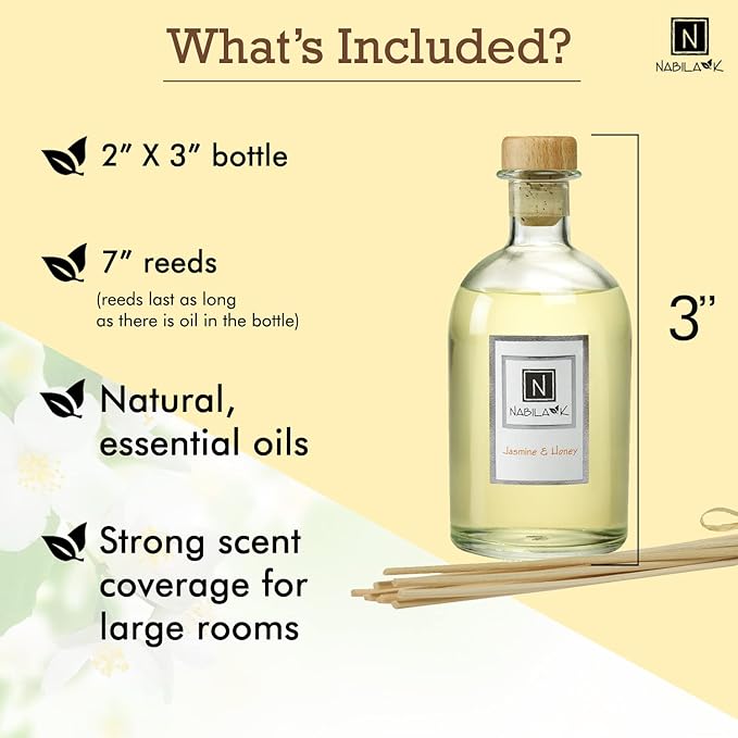 Nabila K Jasmine & Honey Reed Diffuser Set – Mediterranean Floral & Sweet Aromatic Oil for Home – Long-Lasting, Smokeless Scent – Made in USA – Includes Reeds + Bottle – Flameless Candle Alternative