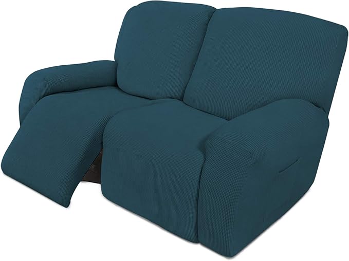 Easy-Going 6 Pieces Recliner Loveseat Stretch Sofa Slipcover Sofa Cover Furniture Protector Couch Soft with Elastic Bottom Kids, Spandex Jacquard Fabric Small Checks Deep Teal