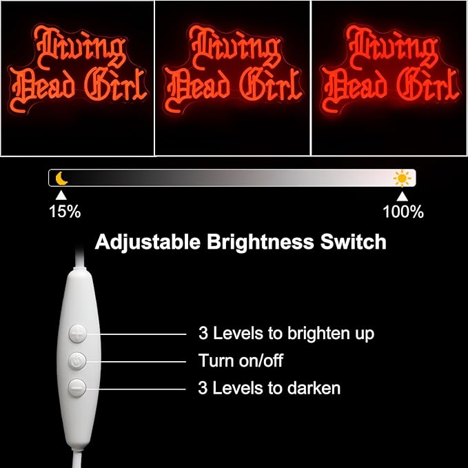 Living Dead Girl Neon Sign Gothic Scary Neon Light Red Letter LED Sign Dimmable Phrase Neon Light Up Signs for Haunted Mansion Halloween Party Horror Room Decor Words Lights Old English Font