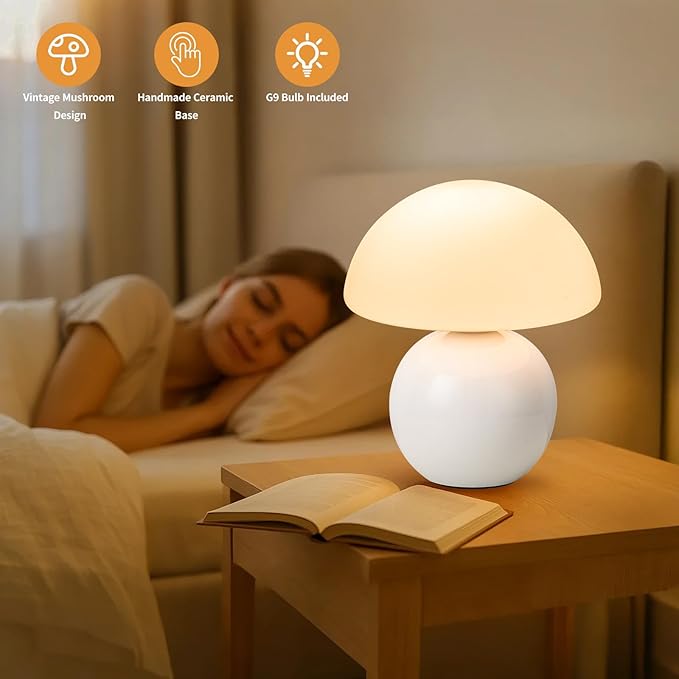 Mushroom Table Lamp, Ceramic Base with Milky White Glass Shade, Vintage Dimmable Bedside Nightstand Lamp for Bedroom, Reading, Home Décor, Gift for Friends White