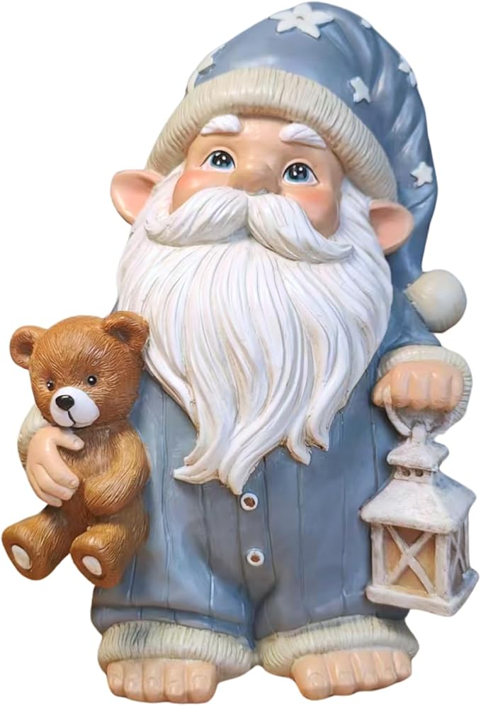 Sleepy Garden Gnome with Teddy Bear & Lantern - 9" Weatherproof Resin Statue - Indoor Outdoor Decor - Whimsical for Home, Patio & Lawn