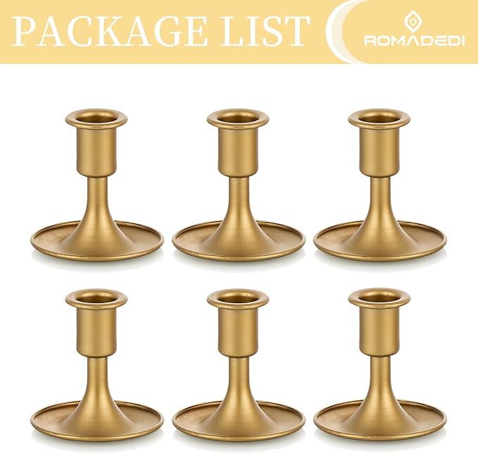 Candlestick Holders Taper Candle Holders, Romadedi Gold Candle Stick Candle Holder for Table Centerpiece, Wedding Reception, Festive Christmas Mantel Decoration or Home Decor, Set of 6
