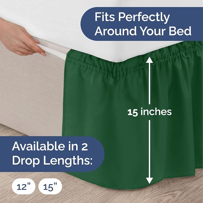 Wrap Around Dust Ruffle Bed Skirt - Emerald - for King Size Beds w/ 15 Inch Drop - Easy Fit Elastic Strap - Adjustable Pleated Bedskirt w/Brushed Fabric - Wrinkle Free - for Women, Men, Kids & Teens