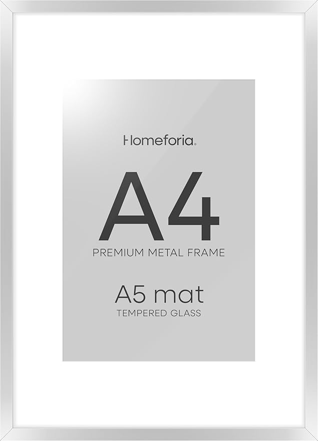 Homeforia A4 Picture Frame Silver, High End Metal 8.3 x 11.7 inch Silver Poster Frames with Mat 5.8 by 8.3 Art, A4 Frames Matted to A5 Photo, 8.3x11.7 Wall or Tabletop Frames, Tempered Glass, Set of 1