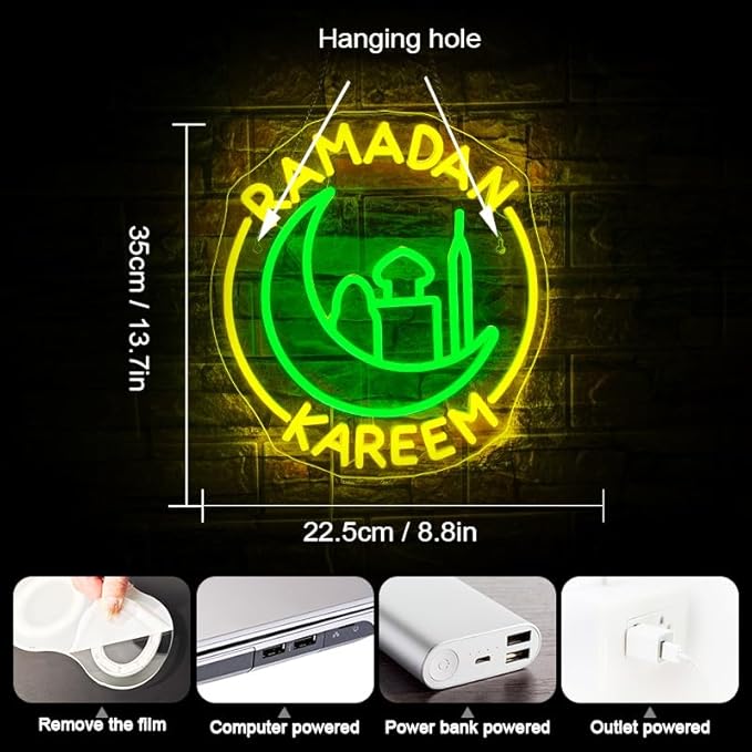 WLHOPE Ramadan Kareem Neon Sign Ramadan Decoration Neon Signs for Wall Decor Dimmable Ramadan Mubarak Neon Lights LED Light Up Sign for Islamic Bedroom Living Room Ramadan Celebration Gift Muslim Party