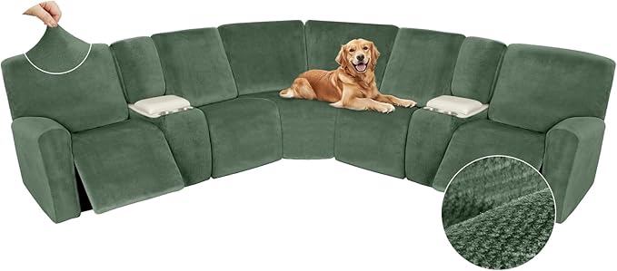 Arfntevss Sectional Recliner Couch Covers Velvet Washable Corner Sectional Sofa Cover for Reclining Stretch Soft Thick L Shape Recliner Slipcover Set (5 Seat with 2 Console Cover, Grayish Green)