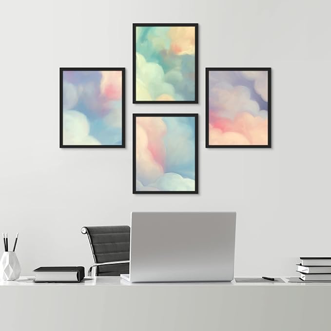 SIGNWIN Framed White Pastel Watercolor Rainbow Sky Clouds Wall Art, Set of 4 Abstract Geometric Wall Decor Prints, Nature Wilderness Wall D¨¦cor for Living Room, Bedroom - 12"x16" Black