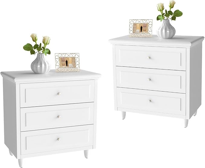 Lamerge White Nightstand with 3 Drawers,Sofa Side Table/End Table,Wooden Legs,Storage Cabinet for Bedroom, Living Room, 15.75" D x 21.65" W x 23.6" H, LWN3-White（Set of 2）