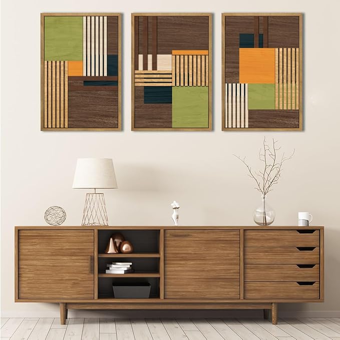 Large Modern Abstract Wall Art Set Minimalist Line Wood Wall Decor Neutral Brown Art Decor Colorful Geometric Wooden Wall Sculptures for Living Room Bedroom Office-16x24Inchx3