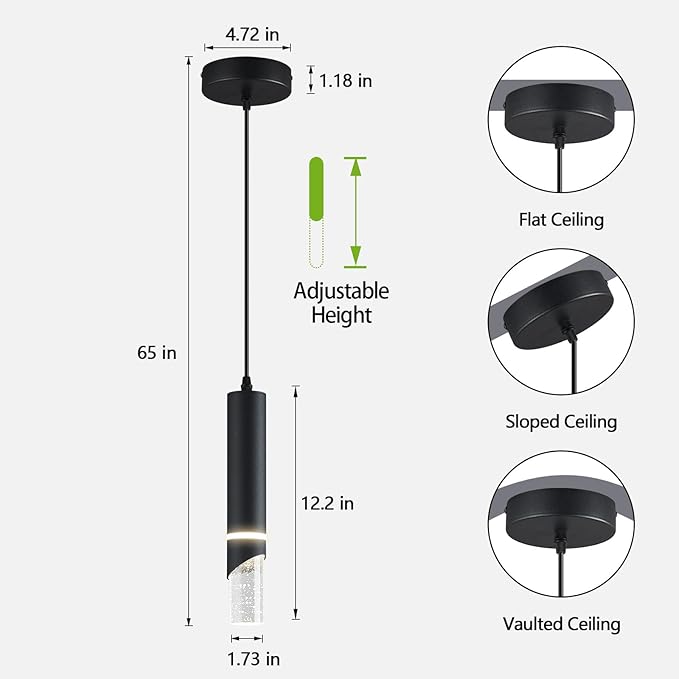 Modern Dimmable Led Pendant Lights Kitchen Island, Ideal for Living Room, Bedroom,Sink 6w LED Crystal Energy-Saving Hanging Lamp for Cozy Lighting (Black 1-Pack)