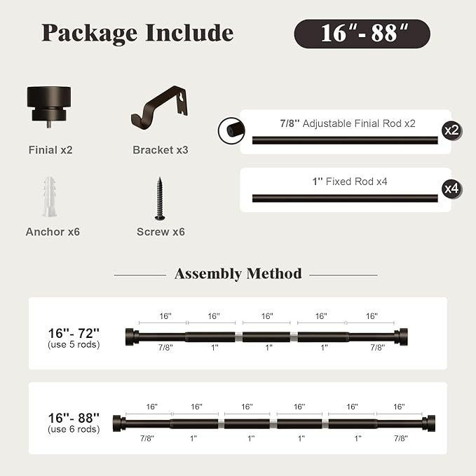 Oneach Brown Curtain Rods for Windows 48 to 84 Inch, 1 Inch Pole Adjustable Length Heavy Duty Metal Curtain Rod Set, for Outdoor Bedroom Kitchen Living Room (16 to 88 Inch)
