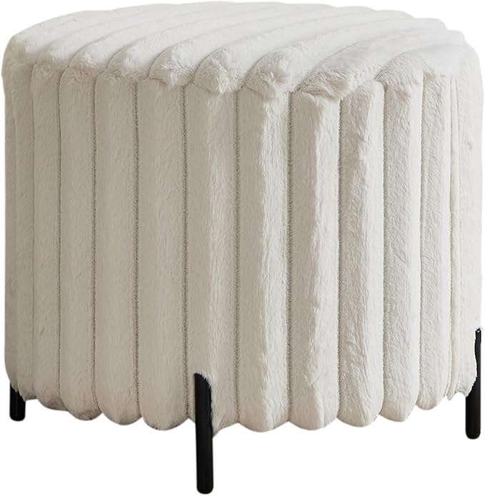 Furniliving Modern Round Ottoman, Large Size Bedroom Ottoman Footstool Round Ottomans Stool for Living Room, Bedroom, Makeup Room, Beige, Faux Fur
