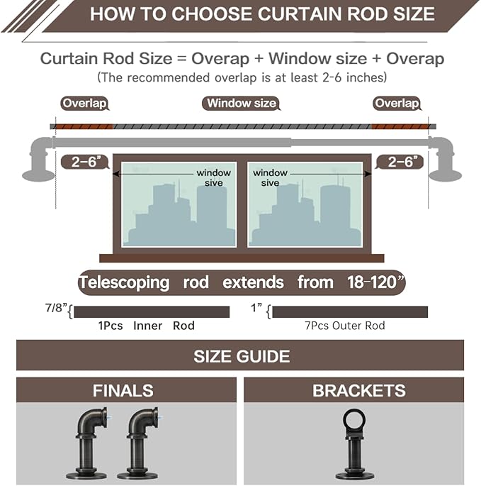 Industrial Curtain Rods 18 to 120 in,Wrap Around Rods, Adjustable Curtain Pole,1 in Diameter Pipe Wall or Ceiling Mounted,for Living Room(Antique Nickel 18” to 120”)