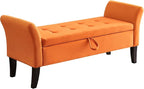 Furniliving 51 Inch Storage Bench for Living Room, Upholstered Bench Ottoman with Velvet Fabric, Modern Entryway Bench with Woodern Legs for Bedroom, Living Room, Shoe Storage & Seating, Orange