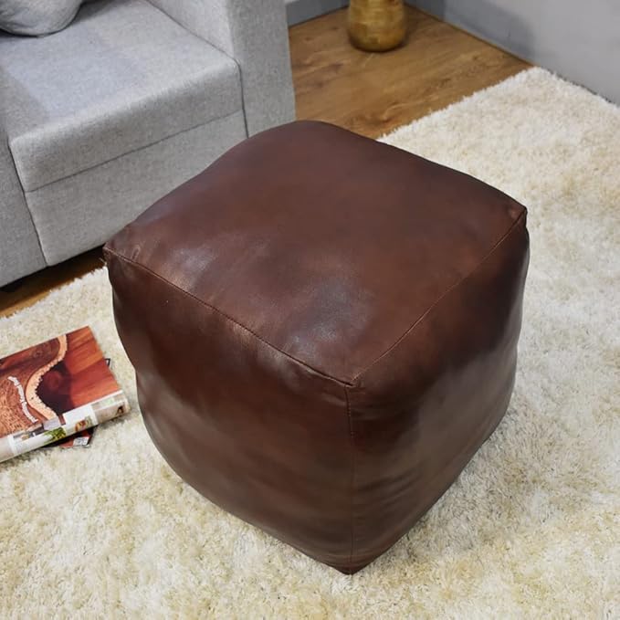 Square Shaped Goat Leather Handmade Eco-Friendly Brown Pouf - 18" x 18" x 18", Plain Solid, Recycled Cotton Filled Stuffed Seating PF12