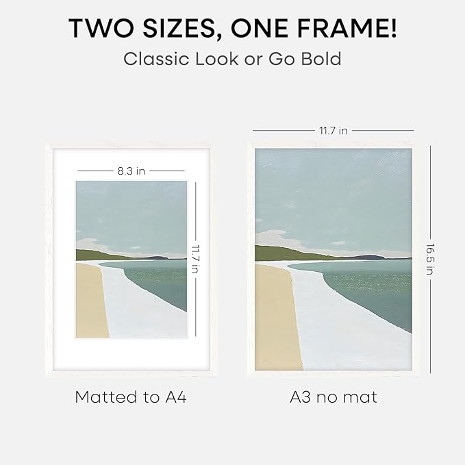 Homeforia A3 Picture Frame White Wood, High-End Oak 11.7 x 16.5 White Poster Frames Matted to 8.3 by 11.7 Photo, 11.7x16.5 Size Wooden Frame with Mat 8.3x11.7 Print, Tempered Glass, Wall Kit, Set of 1