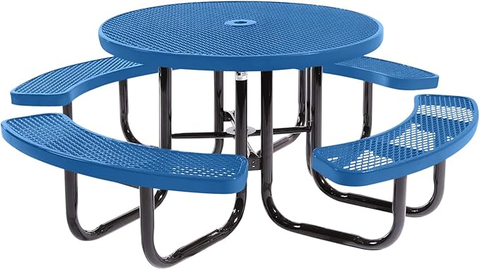 Coated Outdoor Furniture Heavy-Duty Portable Outdoor Picnic Table with Umbrella Hole, Expanded Metal Commercial-Grade Patio Dining Furniture Made in America (46" Round Top, Textured Light Blue)