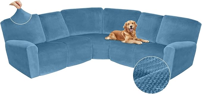 Arfntevss Sectional Recliner Couch Covers Velvet Corner Sectional Sofa Cover for Reclining Couch Stretch Soft L Shape Recliner Slipcover Thick U Shaped Washable Protector (5 Seat Cover, Light Blue)