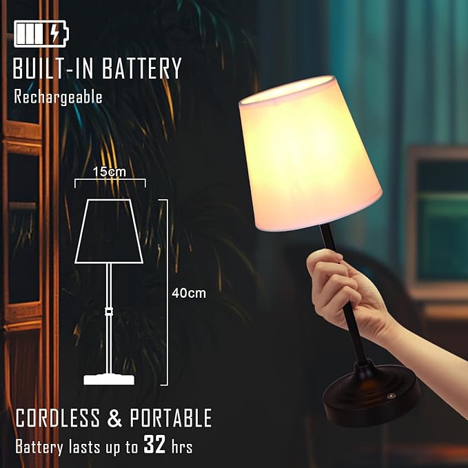 Rechargeable Battery Powered Table Lamp, Wireless LED Lamps, Cordless Touch Lamps, Stepless Dimmable Bedside Lamps, Night Lamp for Bedroom, Dinning Room, Kitchen Decor, Office (Black)