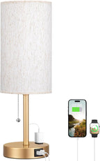 Dicoool Gold Bedside Table Lamp for Bedroom, 17Inch Tall Nightstand Lamp with USB C & A Ports & AC Outlet, 3 Color Temperatures Pull Chain Side Table Lamp for Living Room/Kitchen/Dorm/Office