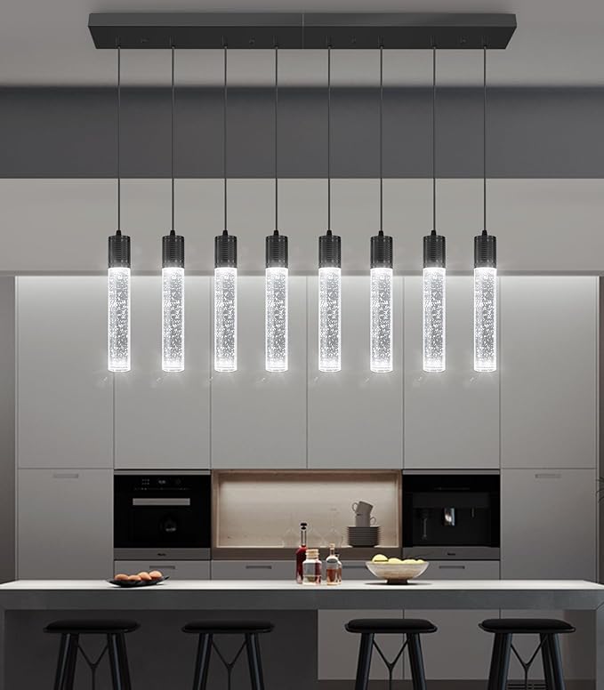 8-Lights Modern Crystal Chandeliers for Kitchen Island Pendants Lighting Fixture for Dining Room LED Ceiling Light for Hallway Foyer 6000K Black