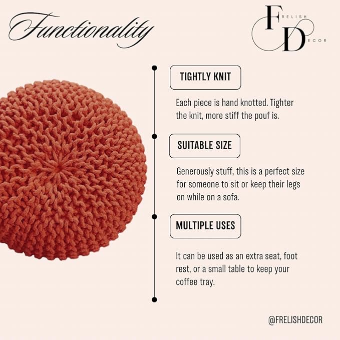 FRELISH DECOR Round Pouf Ottoman Hand Knitted 100% Cotton Pouf Foot Stool - Knitted Bean Bag - Floor Chair for Living Room Bedroom - Foot Rest for Couch (20 Diameter x 14 Height) - Rust