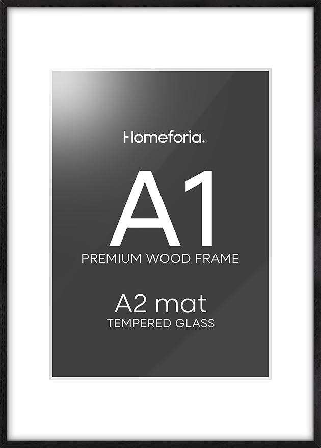 Homeforia Black Wood A1 Frame, High End Oak 23.4 x 33.1 Black Wooden Poster Frames Matted to 16.5 by 23.4 inches Photo, A1 Size Large Wood Picture Frame with Mat A2, Tempered Glass, Wall Kit, Set of 1