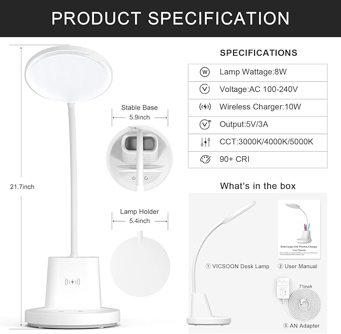 Desk Lamp for Home Office, LED Desk Lamp with Wireless Charger Pen Phone Holder, Dimmable Desk Light 3 Color Modes, College Dorm Study Lamp for College Dorm, CRI 90 800 Lumen