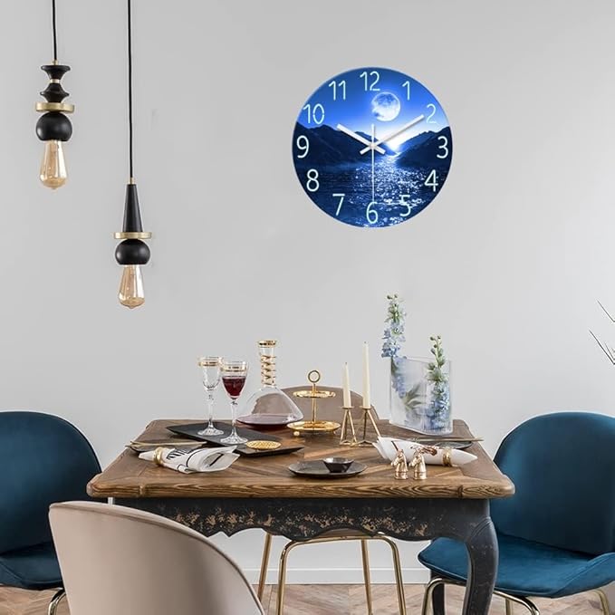 XFM Blue Moon Wall Clock Battery Operated 12 Inch Modern Silent Non Ticking Clock Decorative Wall Clocks for Kitchen Living Room Bedroom