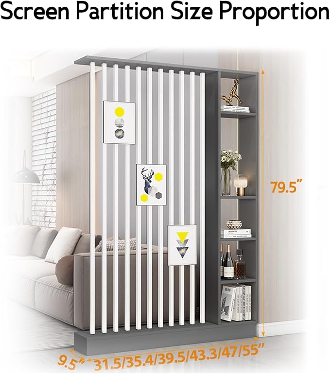 Wall Room Divider, Storage Cabinet Storage Display with Shelves, Modern Freestanding Wood Room Divider Screen, Wall Privacy Screens for Home Decorative (Grey+White,31.5" L x 9.5" W x 79.5" H)