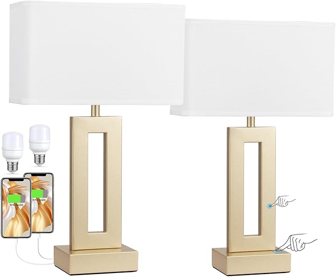 Bedroom Table Lamps Set of 2 - Touch Bedside Lamps with USB C+A, 3 Way Dimmable Gold Lamp for Nightstand, Modern Night Stands Lamps for Living Room End Tables Desk Bed Side Study Room(16.4n)
