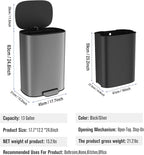 13 Gallon Stainless Steel Foot Pedal Large Trash Can with Soft Close Quiet Lid, Stainless Steel Thickened Body Oval Garbage Can with 30 Garbage Bags for Kitchen/Home/Office and More - Silver Gray
