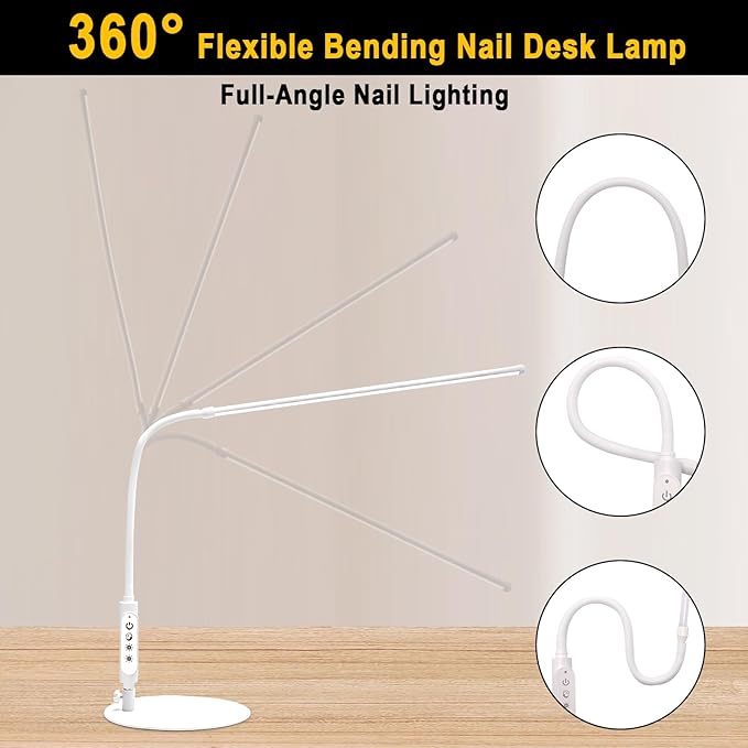 CGBE Led Desk Lamp: 360° Adjustable Nail Light for Desk with 3 Color Modes 5 Brightness, 23.6-Inch Nail Lamp for Desk for Salon Manicurist Tattoo Crafts Sewing Work Reading Game