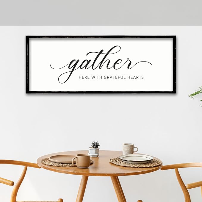 ZZJJHYWGQ Gather Here With Grateful Hearts Sign Rustic Farmhouse Wall Art 32"×12" For Dining Room kitchen Family Gathering Thanksgiving Decor Minimalist Large Wooden Framed Hanging Art (Black)