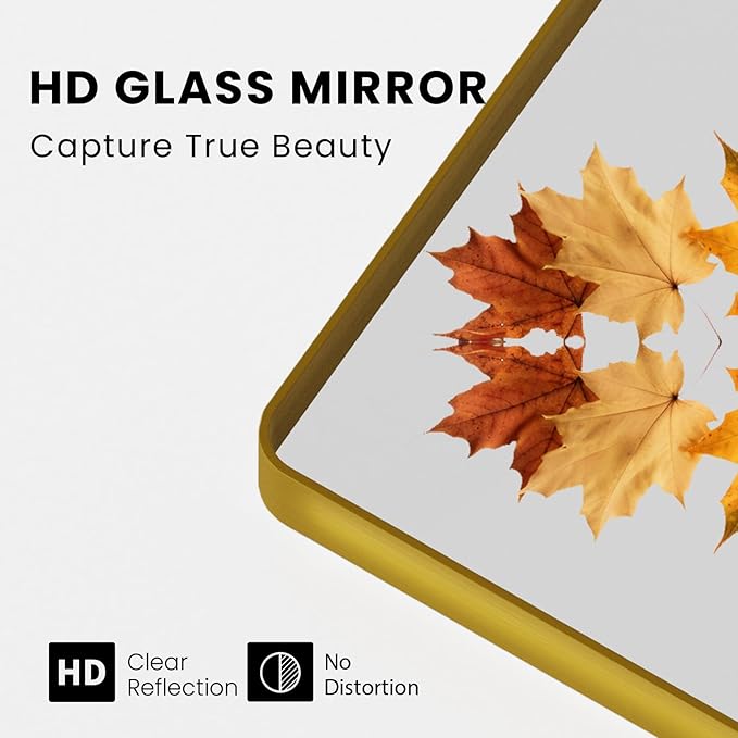 Gold Bathroom Mirror, 48x32 Inch Brushed Gold Metal Frame Mirror for Wall, Rounded Rectangle Bathroom Vanity Mirror, Tempered Glass, Anti-Rust, Horizontal/Vertical