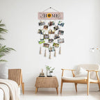 Bless This Home with Love and Laughter Hanging Photo Display Board with 16 Clips 5 Strings,Rustic Style Picture Collage Frames Wall Decor Wood Hanging for Home Décor,Housewarming Gifts