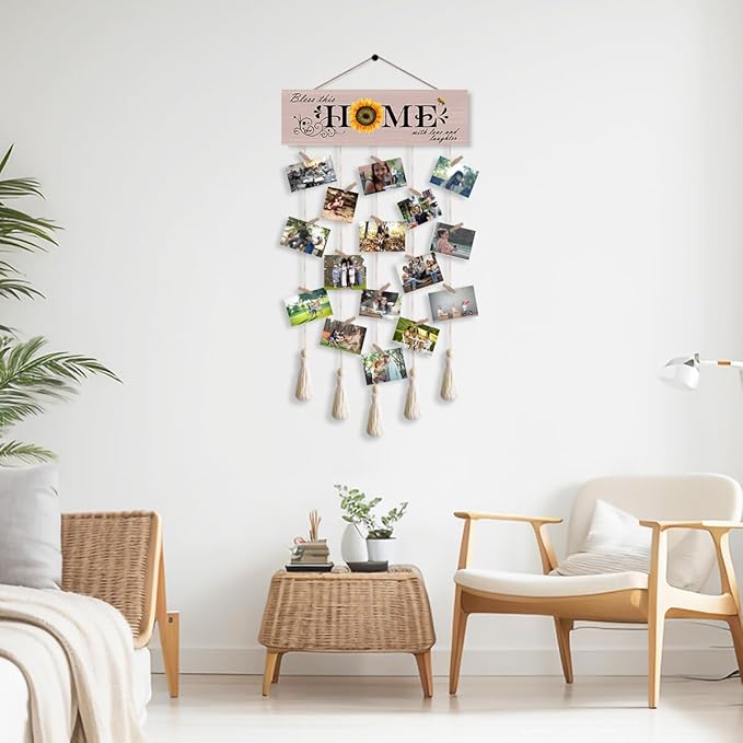 Bless This Home with Love and Laughter Hanging Photo Display Board with 16 Clips 5 Strings,Rustic Style Picture Collage Frames Wall Decor Wood Hanging for Home Décor,Housewarming Gifts