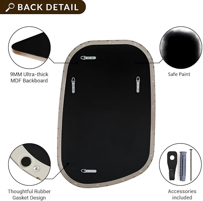 ANDY STAR Brushed Nickel Mirror, 24"x36" Silver Asymmetrical Wall Mirror for Bathroom, Unique Irregular Design with SUS304 Stainless Steel Metal Frame, Ideal for Bathroom, Bedroom, Entryway