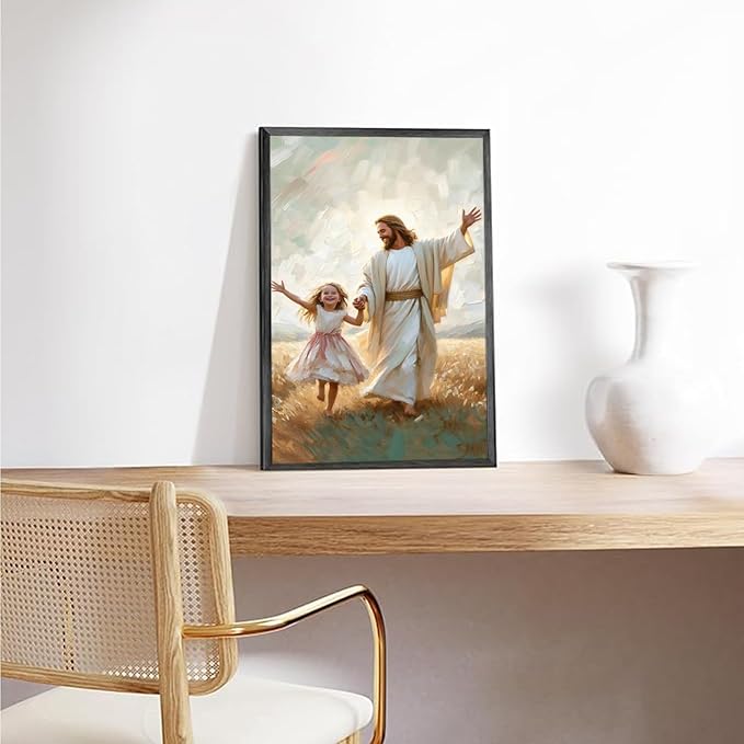 XWNLTEPK Dancing Day Christian Painting Jesus With Girl Christian Wall Art Bible Jesus Dancing With Little Girl Print Canvas Wall Art Poster