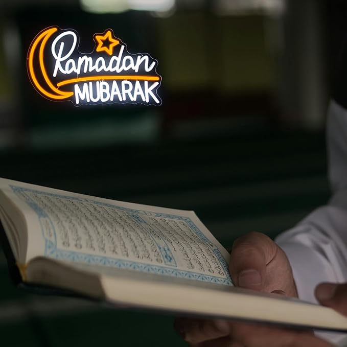 Ramadan Mubarak Neon Sign Islamic Wall Art Eid Mubarak Sign Moon Star LED Neon Light Dimmable Ramadan Neon LED Sign Bismillah Wall Sign Ramadan Mubarak Decorations Eid Al Fitr Supplies