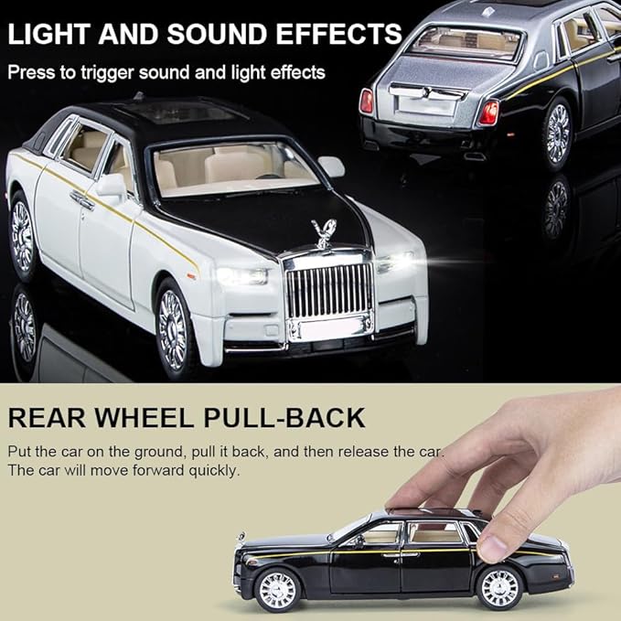 Alloy Collectible Rolls-Royce Phantom Model Toy Car, 1/32 Scale Diecast Car Model Pull Back Vehicles Phantom Toy with Sound & Light, Car Logo Can be Folded