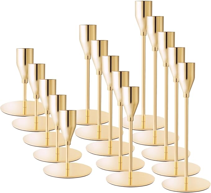 French Gold Taper Candle Holders for Wedding Table Centerpiece,Tall Taper Candlestick Holders Bulk Set of 15,Metal Candle Stick Holders for Dinning or Mantel Centerpiece,Party Home Decor