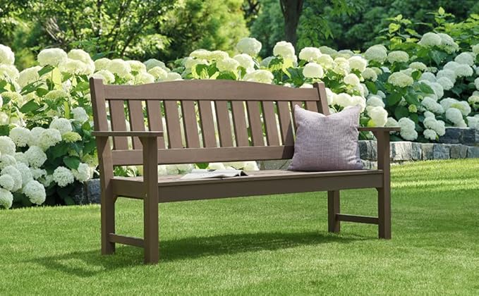 Psilvam 3-Person Outdoor Memorial Bench, All-Weather Poly Lumber Garden Bench, Rot-Resistant Outdoor Patio Bench for Park,Porch,and Church(Brown)
