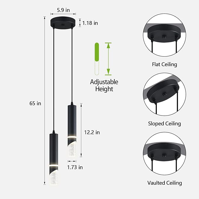 Modern Dimmable Led Pendant Lights Kitchen Island, Ideal for Living Room, Bedroom,Sink 12w LED Crystal Energy-Saving Hanging Lamp for Cozy Lighting (Black 2 Light)