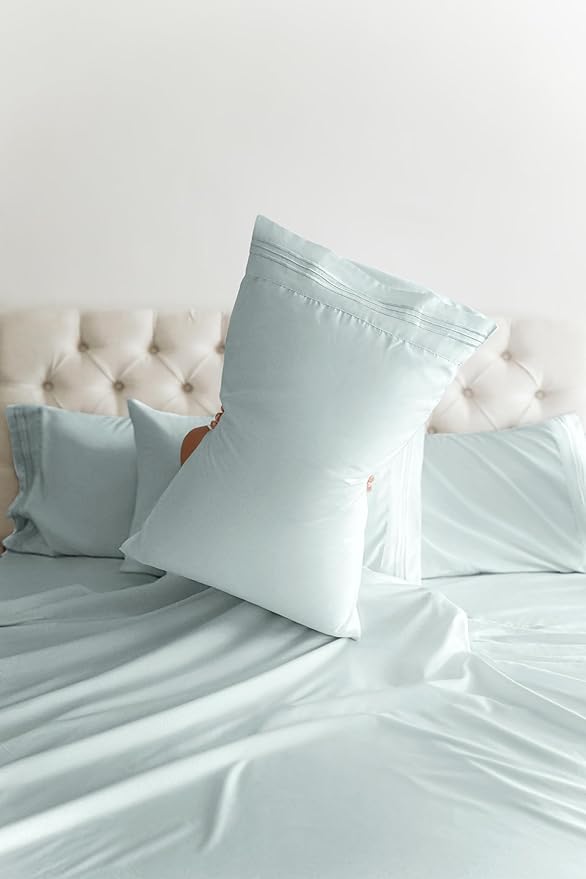 Split King Sheets Set 7 Piece - Includes 4 Pillowcases - Bed Sheets Split King - Soft Hotel Luxury Bedding - Cooling, Comfy & Breathable - 1 Flat & 2 Fitted & 4 Pillowcases w/ Deep Pockets - Ice Blue
