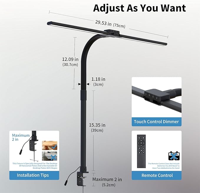 Full Spectrum LED Desk Lamp, Sun Lamp 15W Eye-Caring Table Light with CRI≥95, Flicker-Free, Low Blue Light, 2700K-6500K, Stepless Dimming, 360° Arm, Clamp Base for Office & Study