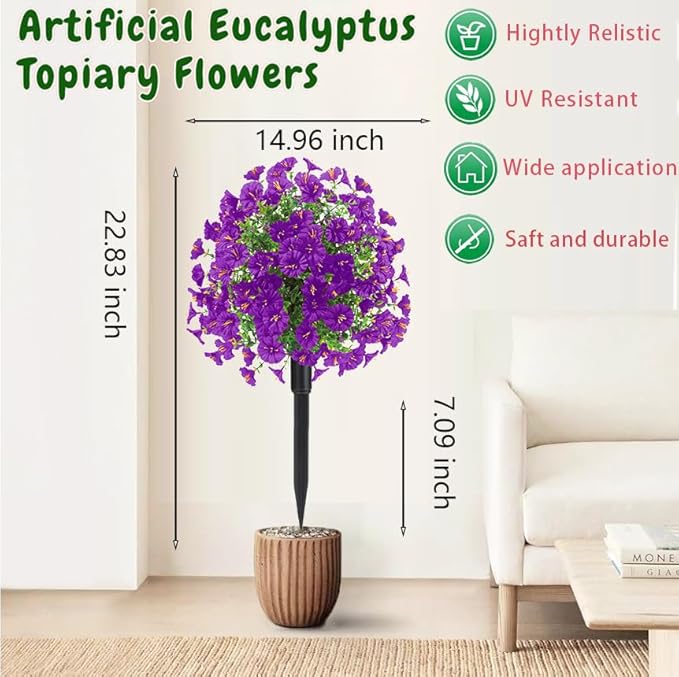 22.8" Set of 2 Fall artificial Boxwood topiary Ball tree for outdoors with Spike,UV Resistant Faux Shrubs Outdoor with morning glory flowers,Faux Plants Bushes for Garden Porch Yard Patio Decor Purple